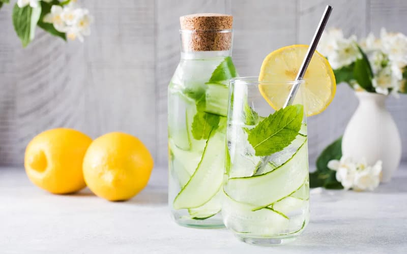 Ly nước detox với chanh, dưa và lá bạc hà tươi mát