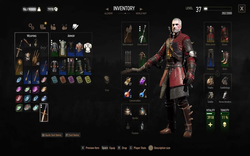 Hệ thống trang bị, kỹ năng và chỉ số sức mạnh nhân vật trong The Witcher 3: Wild Hunt.