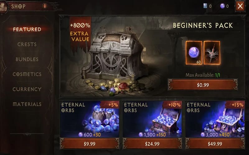 Cửa hàng vật phẩm cung cấp đá quý, trang bị hỗ trợ chiến đấu trong Diablo Immortal.