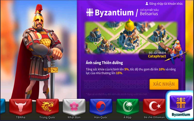 Giao diện lựa chọn tướng lĩnh và nền văn minh khi bắt đầu chơi Rise of Kingdoms